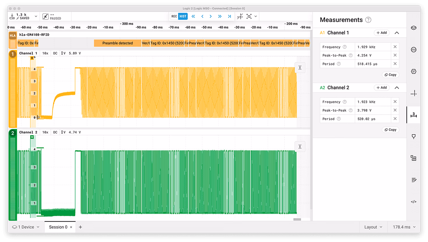 Saleae Logic 2 software showing Python high-level analyzer with protocol decode results