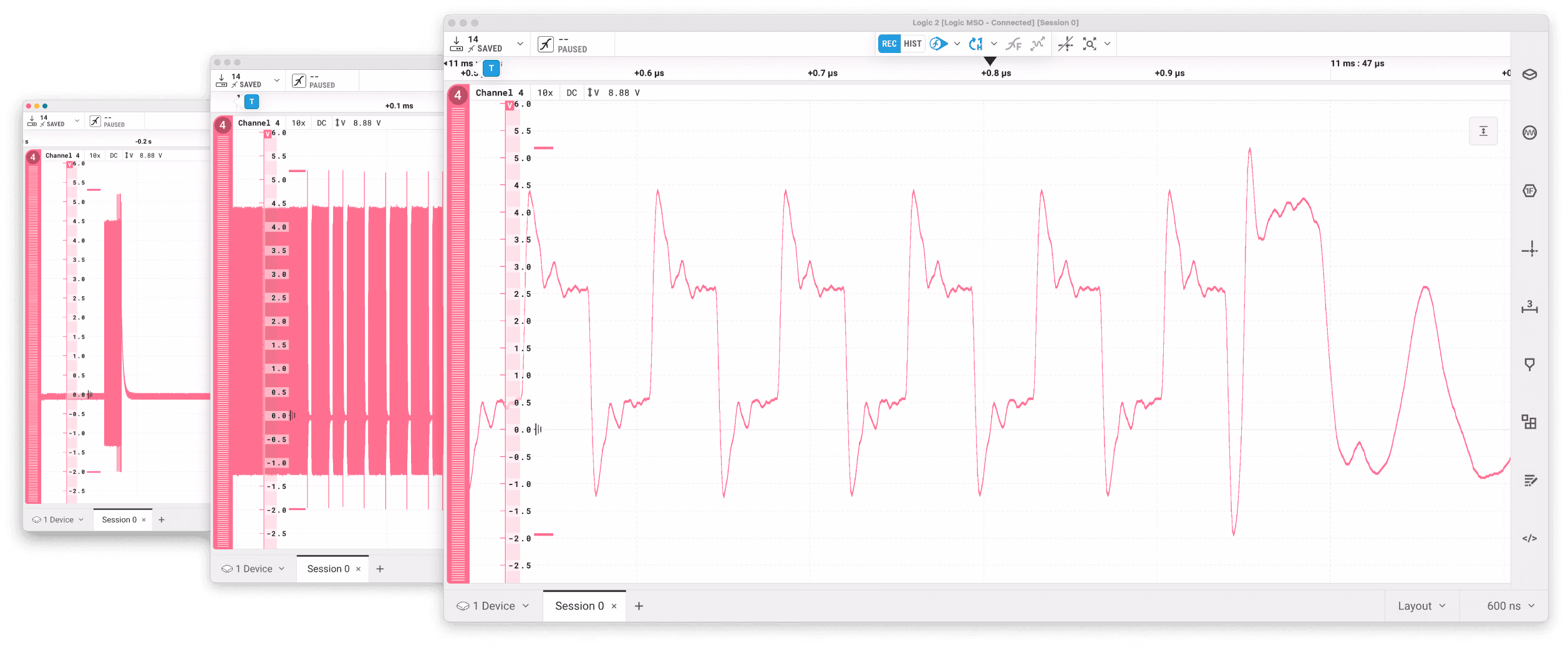 Three overlapping Saleae Logic MSO screenshots showing deep memory capture at 600ms, 600us, and 600ns timescales