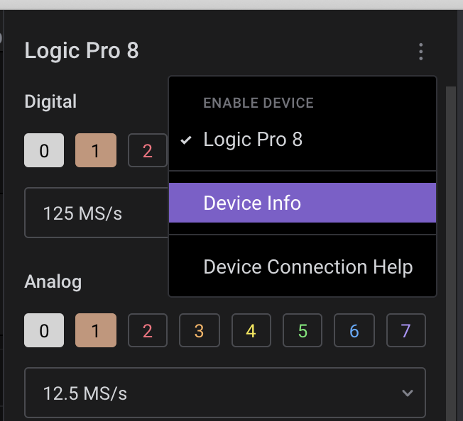 The Device Info dialog is opened from the capture settings sidebar menu